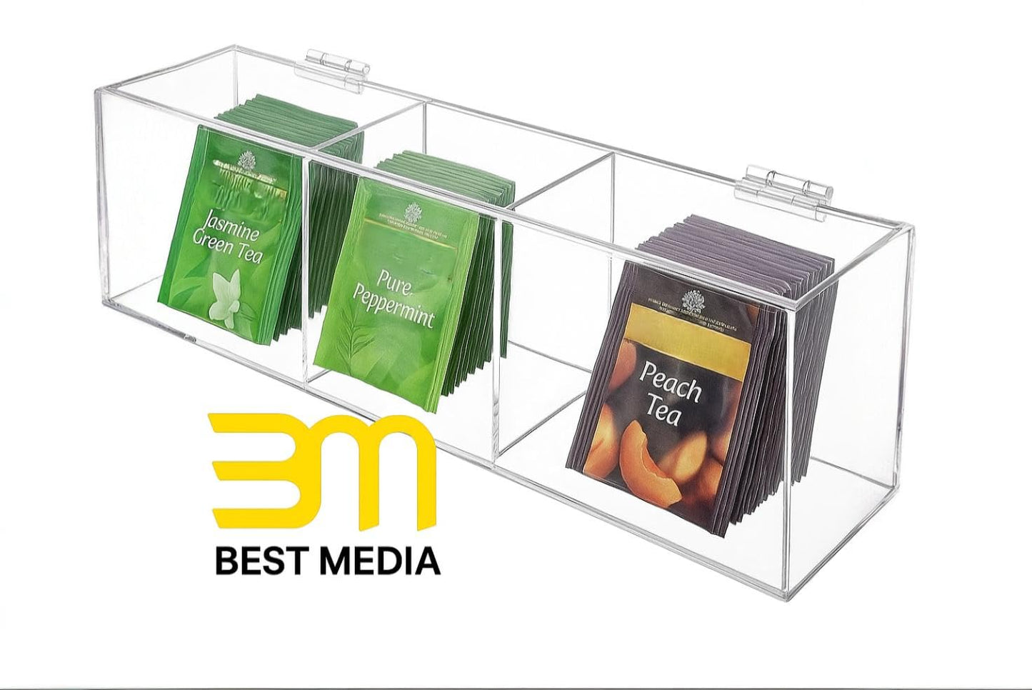Clear Acrylic Tea Bag Organizer with Hinged Lid, 35 x 10 x 8 cm Storage Caddy with 5 Compartments, Countertop Box for Assorted Teas Condiments and Sugar Packets
