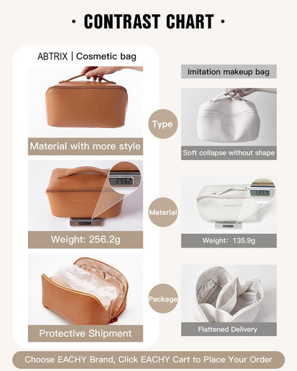 Flat Opening Travel Makeup Bag, Waterproof PU Leather Cosmetic Organizer, Brown, 23.5 x 10.5 x 11 cm, Toiletry Pouch for Women Daily Use and Travel
