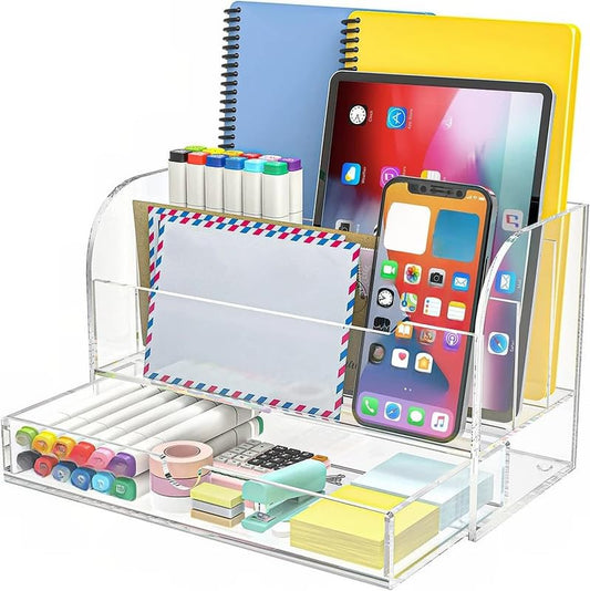 Minimalist Acrylic Desk Organizer and File Sorter, Transparent Desktop Storage Solution with 3 Vertical Slots and 1 Integrated Drawer for Home and Office, Sleek Modern Design