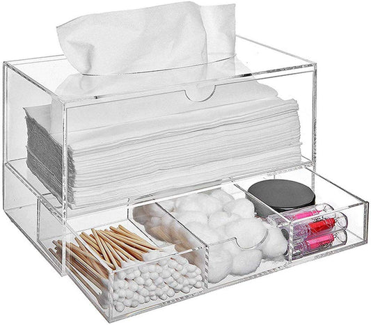 2-Tier Acrylic Tissue and Cosmetic Organizer Box, 23.5 x 12.7 x 16 cm, Multipurpose Storage with Tissue Compartment and 3 Drawers for Makeup, Cotton Pads, Jewelry and Desk Essentials