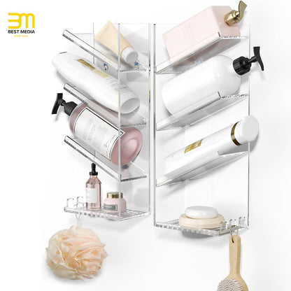 Acrylic Bathroom Organizer, Clear Wall-Mounted Shower Caddy with Suction Cup, No-Drill Rustproof Shampoo and Soap Holder Shelf, Durable Storage for Bathroom and Shower Walls