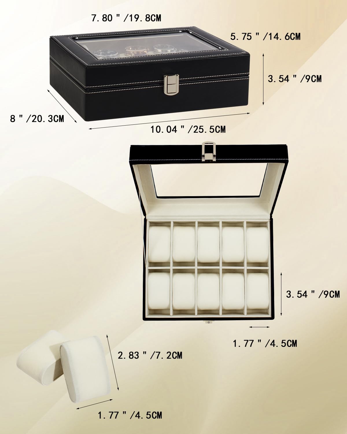 Watch Box Organizer With 10 Slot,Luxury Display Case for Watches with Glass Lid, Black, 9.92 x 8.18 x 3.14 cm