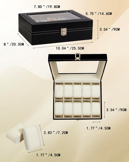 Watch Box Organizer With 10 Slot,Luxury Display Case for Watches with Glass Lid, Black, 9.92 x 8.18 x 3.14 cm