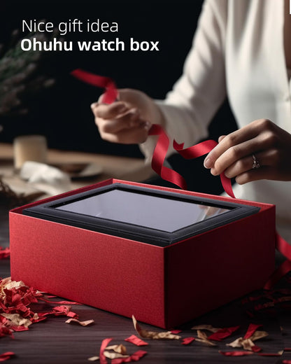 Ohuhu Watch Cases for Men, Watch Box Watch Holder Watch Organizer Display Storage 12 Slot PU Leather Real Glass Lid Soft Velvet Jewelry Box for Men and Women Perfect Birthday Gifts