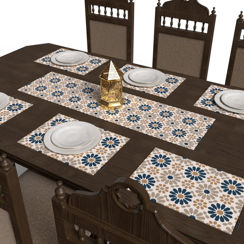 Ace2 7-Piece Dining Linens Set, with 6 multicolor canvas placemats (45x30 cm) and 1 runner (35x140 cm), featuring a modern Islamic art design for a vibrant and contemporary tablescape
