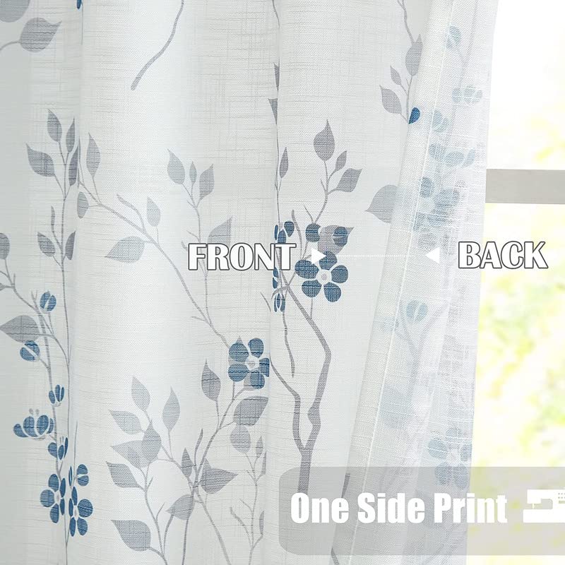 INtex CURTAINS HOUSE Rich Natural Linen curtains - Printed floral curtains- Semi-transparent - Road Pocket grommets for living room, bedroom, kitchens, 1 piece 150 * 210 Navy Blue/Blue