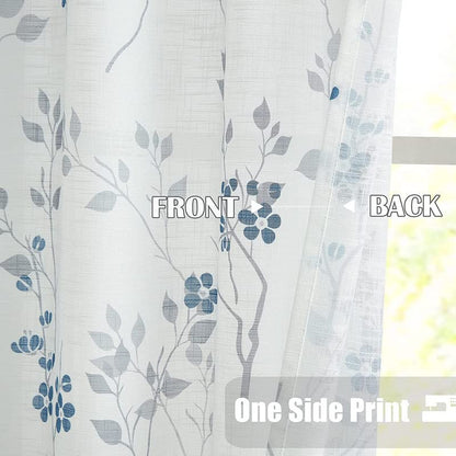 INtex CURTAINS HOUSE Rich Natural Linen curtains - Printed floral curtains- Semi-transparent - Road Pocket grommets for living room, bedroom, kitchens, 1 piece 150 * 210 Navy Blue/Blue