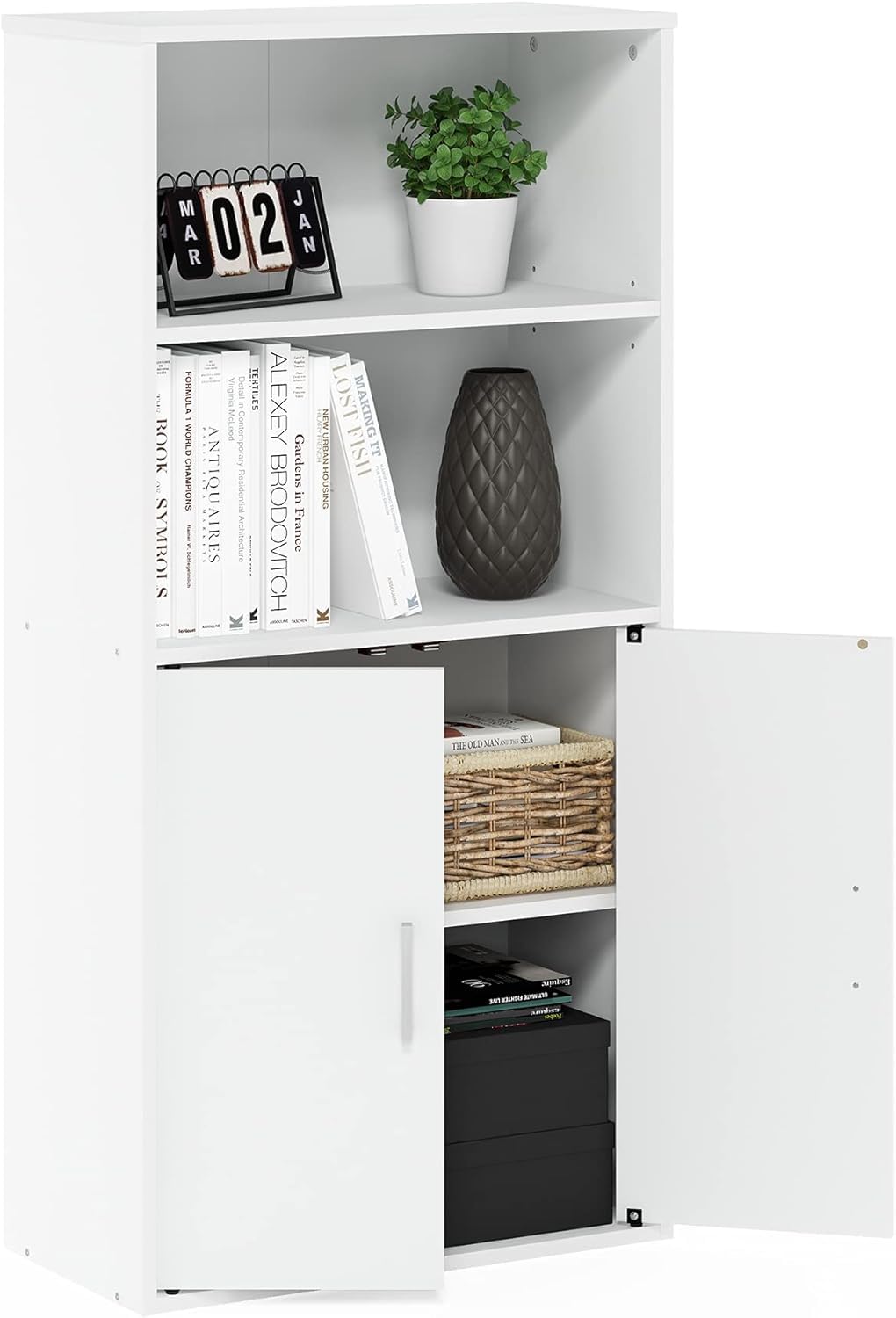 Storage Bookcase with 2 Doors in White, Manufactured Wood Cabinet with 2 Open Shelves, Freestanding Organizer for Living Room or Office, Combination Display and Concealed Unit