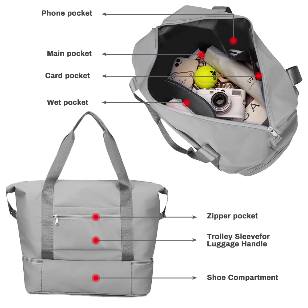 Welltop Gym Shoulder Bags, Weekend Bag for Women, 36L Large Travel Duffel Bag, Dry & Wet Seperated Overnight Bag, Foldable Carry On Bag, Hospital Bag, Sports Bag with Shoe Pouch (Grey