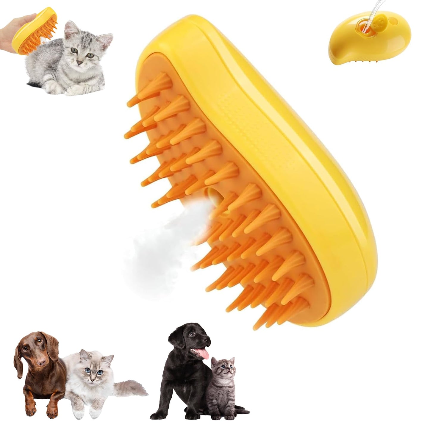 LEERMEIZI Steam Brush for Cats and Dogs, 3-in-1 Steam Brush for Cats, Cat Brush with Steam, Steam Brush for Dogs, Pet Grooming (Yellow)