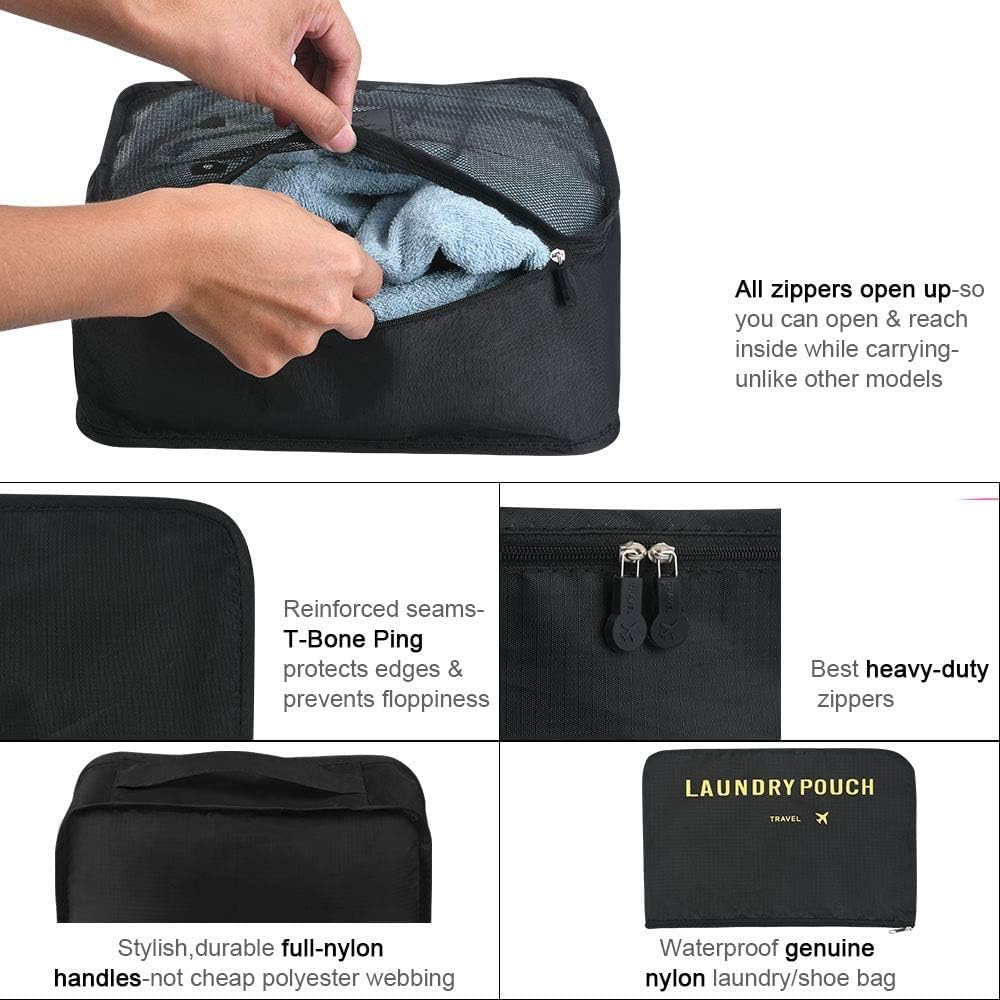 None Brand 6 pieces/set travel storage bag-with laundry bags & digital pouch for clothes luggage packing cube organiser suitcase (Black)