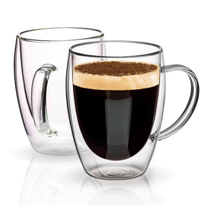 Mandorra Double Walled Glass Coffee Mugs, Double Wall Latte Mugs, set of 2 Cappuccino Cups, Clear Espresso Cups, Insulated Glass Mugs With Handle, 12 Oz,Thermos Cup