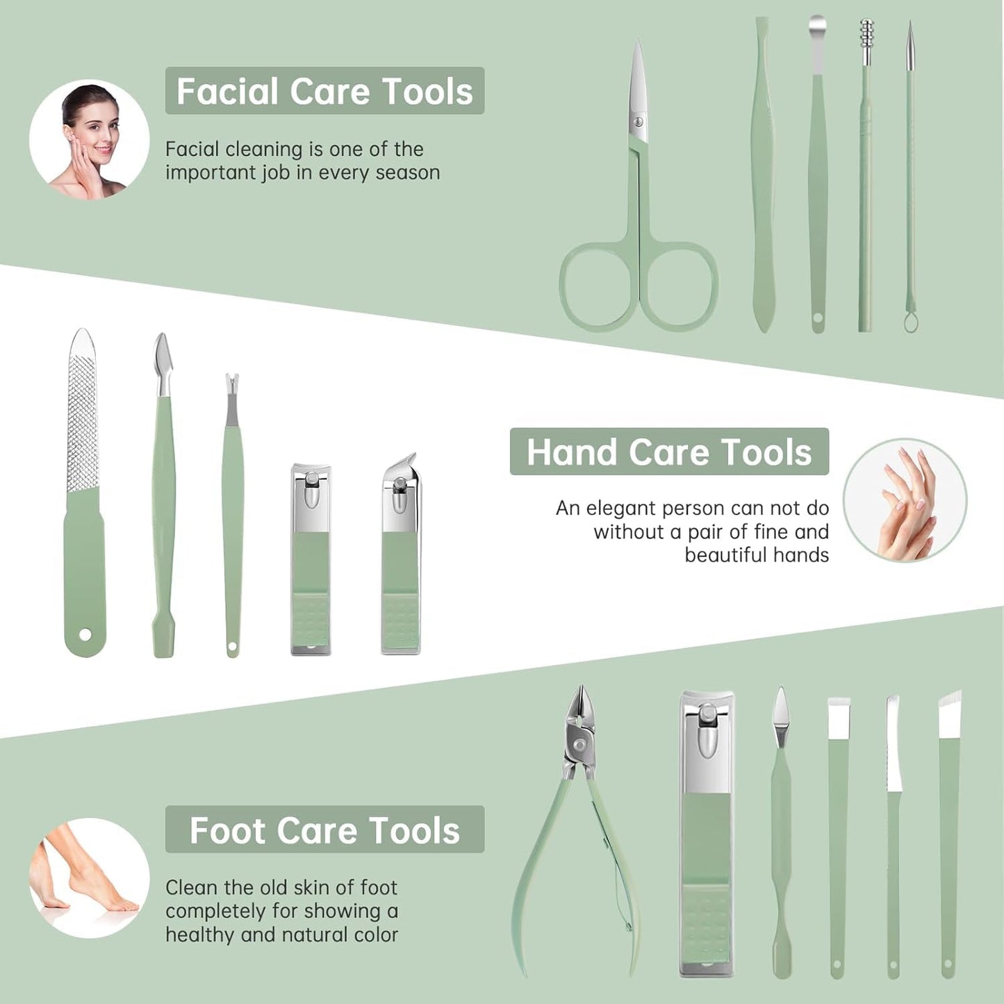 طقم قص الأظافر، مجموعة من 16 قطعة من الفولاذ المقاوم للصدأ مع مقص أظافر وملقط ومقص بشرة، ومجموعة أدوات مانيكير وباديكير للمنزل والسفر