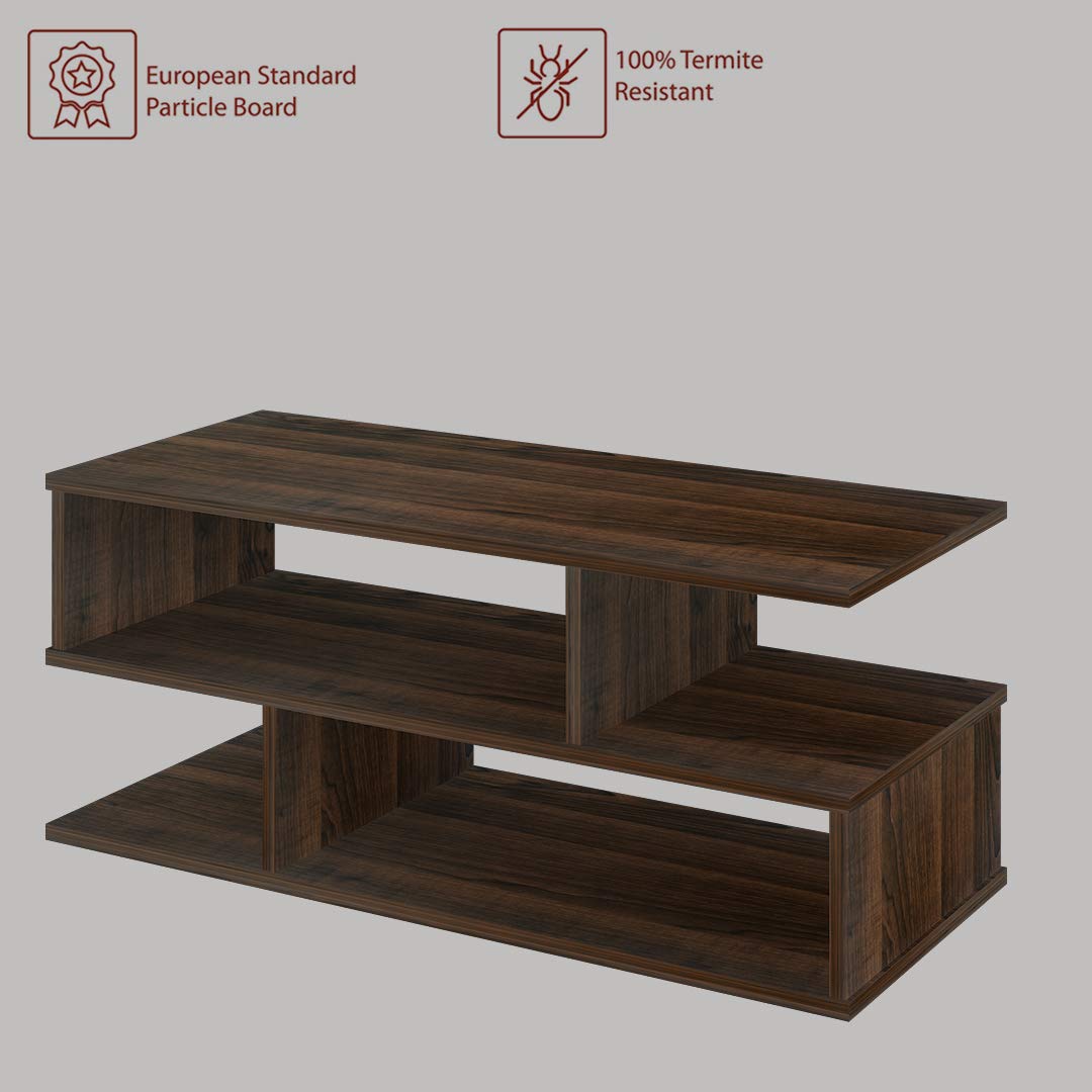 s-Shape Wood Coffee Table in Walnut, Modern Centre Table for Living Room, Tea Table with Lower Shelf, Unique Geometric Design, Two-Tier Storage