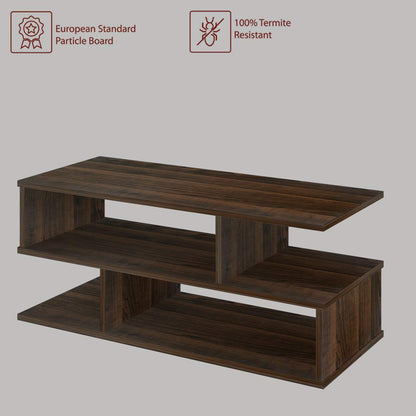 s-Shape Wood Coffee Table in Walnut, Modern Centre Table for Living Room, Tea Table with Lower Shelf, Unique Geometric Design, Two-Tier Storage