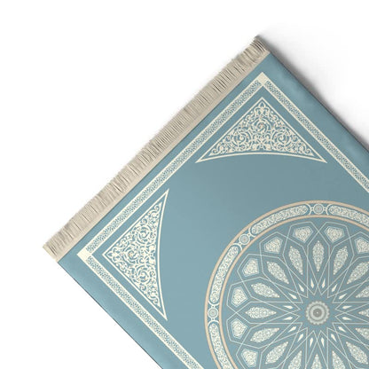 Velvet Prayer Mat in a calming Blue, 68x117 cm, a luxurious Islamic rug featuring an elegant dome design, made from soft material for a comfortable and deeply focused prayer time