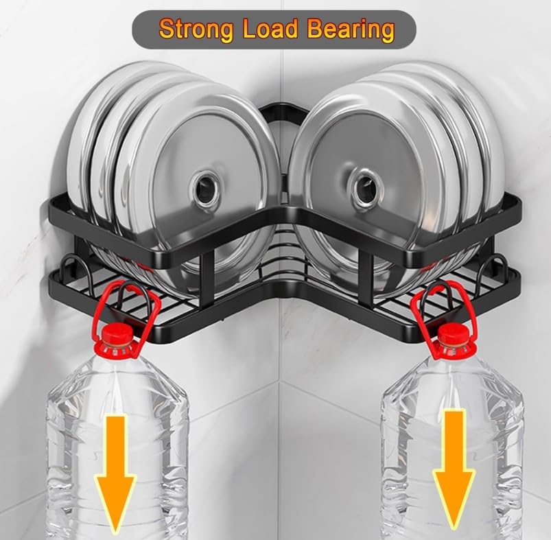 Corner Shower Caddy Shelves, 5-Pack with 16 Hooks, Rustproof Stainless Steel Organizer with Upgraded Stronger Adhesive, No-Drilling Wall Mount Shelf for Inside Shower and Bathroom - Black