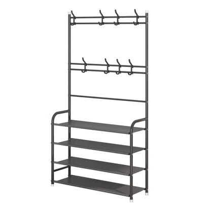 UDEAR Entryway Coat Rack,3-in-1 Hall Tree Multifunctional Storage Shelf with 4-Tier Shoe Bench and 8 Hooks,Easy Assembly,for Entrance Foyer Bedroom Barthroom,Black