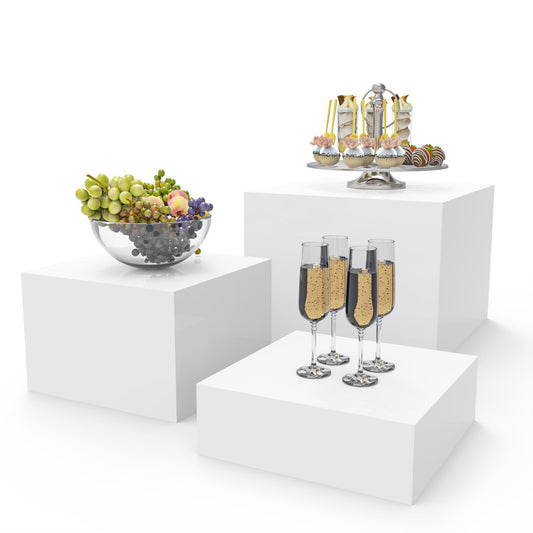3-Piece Acrylic Buffet Risers Set, Clear Hollow-Bottom Cube Display Stands for Dessert Tables, Catering, Jewelry, Collectibles, or Retail Figures, Nesting Display Shelf, Clear Color
