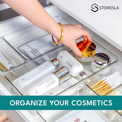 STORESLA™ 10-Piece Multi-Sized Non-Slip Drawer Organizer Trays, Clear Plastic, Ideal for Desk, Dresser, Kitchen & Bathroom, Store Makeup, Kitchen Utensils, Jewelry & More