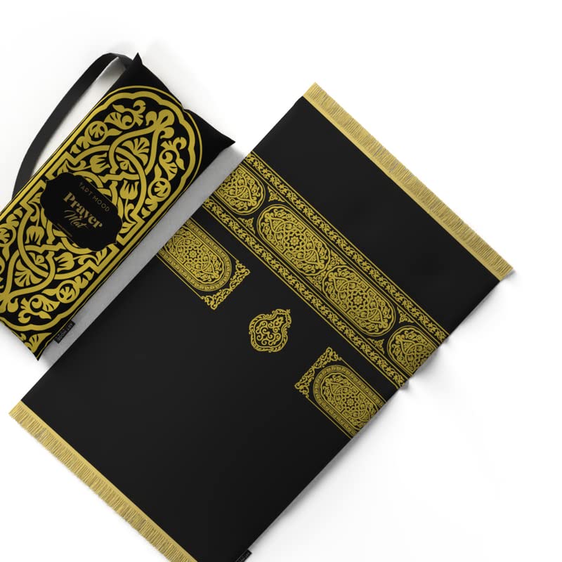Velvet Padded Prayer Mat in Gold & Black, 68x117 cm, a luxurious rug with a stylish Mecca-inspired design and soft padding for exceptional comfort during daily prayers