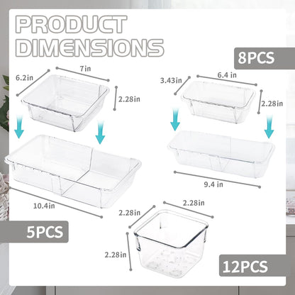 Pansente 25 PCS Adjustable Desk Drawer Organizer, Acrylic Clear Drawer Organizers, 3 Size Desk Drawer Organizer for Cosmetics, Jewellery, Office, Gadgets, Kitchenware