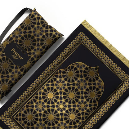 Opulent Velvet Padded Prayer Rug in Gold and Black, 68x117 cm, a premium soft mat with generous cushioning for ultimate comfort and support during your daily prayers at home