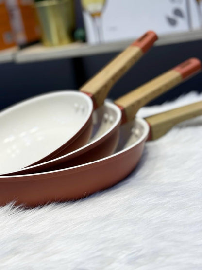 Granite Pan Set - 3 Pieces, Non-Stick Coating, Beige, Scratch-Resistant, Heat Distribution, Ergonomic Handles, Easy to Clean, Perfect for Cooking and Frying