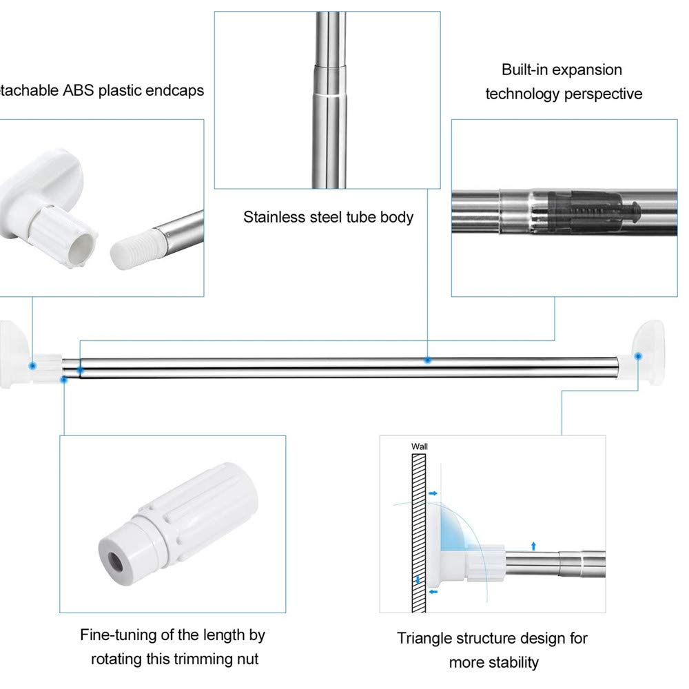 U-HOOME Curtain Rod ? Extendable Stainless Steel Curtain Pole Telescopic Tension Rod with No Drilling, Hanging Rail for Window Bathroom Shower Wardrobe Doorway, Adjustable Length 110-200 cm