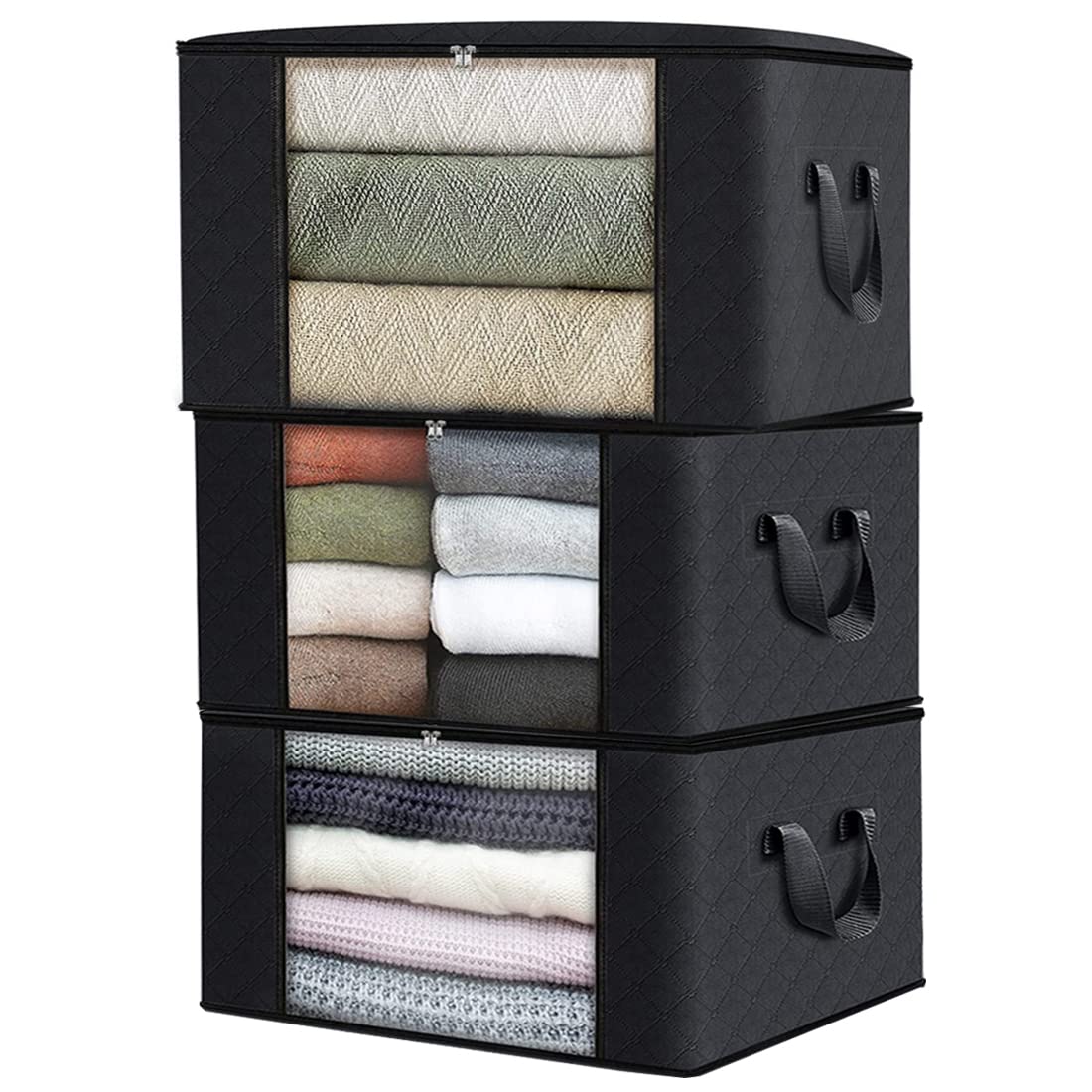 مجموعة من 3 حقائب تخزين كبيرة - منظم ملابس قابل للطي سعة 90 لترًا مع مقابض معززة، قماش سميك للألحفة والبطانيات والفراش - سحاب قوي، نافذة شفافة، تخزين شديد التحمل (أسود)