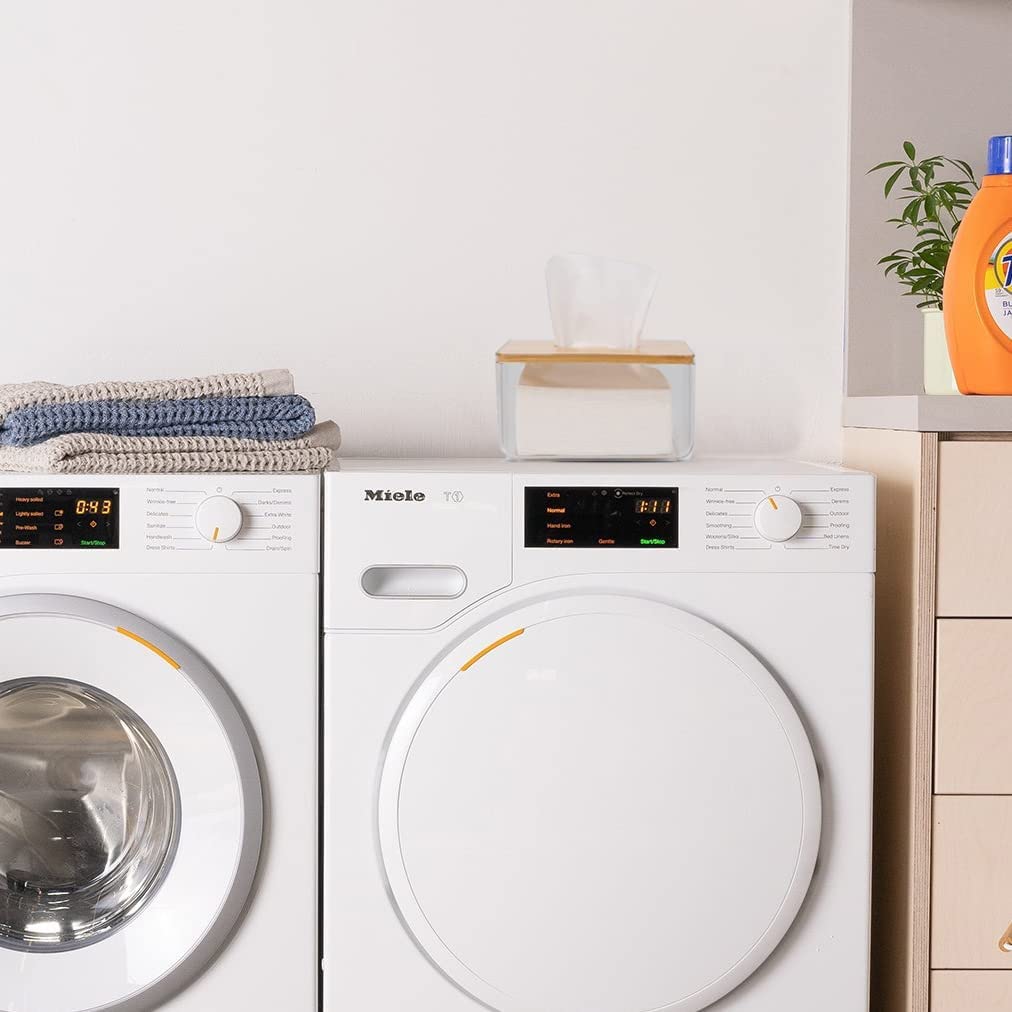 YESTOO Clear Tissue Holder, Acrylic Dryer Sheet Dispenser Box with Bamboo Lid, Transparent Container, Minimalist Design. Tissue Organizer for Laundry, Living Room, Bathroom, Bedroom, Medium Size