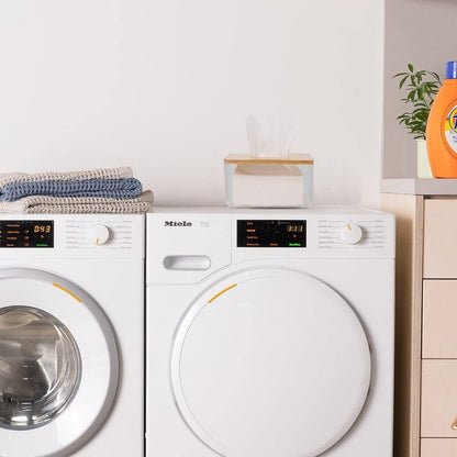 YESTOO Clear Tissue Holder, Acrylic Dryer Sheet Dispenser Box with Bamboo Lid, Transparent Container, Minimalist Design. Tissue Organizer for Laundry, Living Room, Bathroom, Bedroom, Medium Size