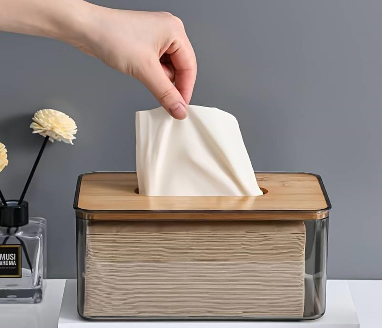 JAXHOM Countertop Tissue Paper Dispenser for Dining Table I Paper Napkin Holder with Bamboo Lid for Kitchen I Tissue Box Holder for Car and Restaurant