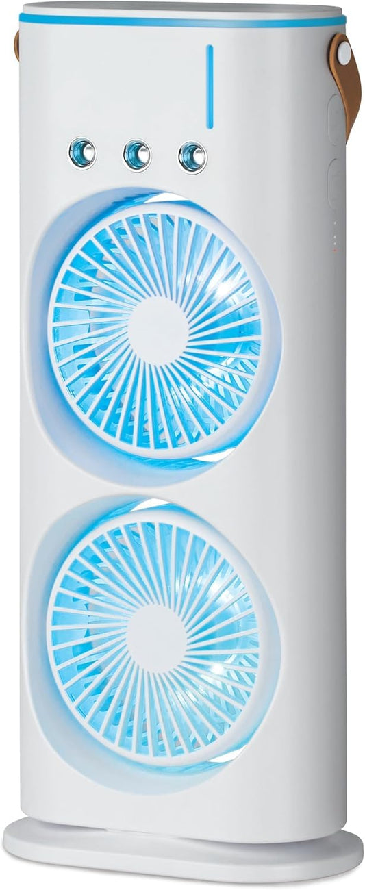 KIOLAD Portable Desk Fan, Evaporation Air Cooler, Rechargeable Fans with 600ML Water Tank, Silent Fan with 7 Coloured LED Lights, for Home and Office