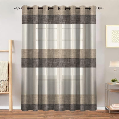 INtex Curtains Luxury Linen curtains - semi transparent crosswise stripped sheer - Steel grommets - 1 piece Brown x Café 200W X 265LCM