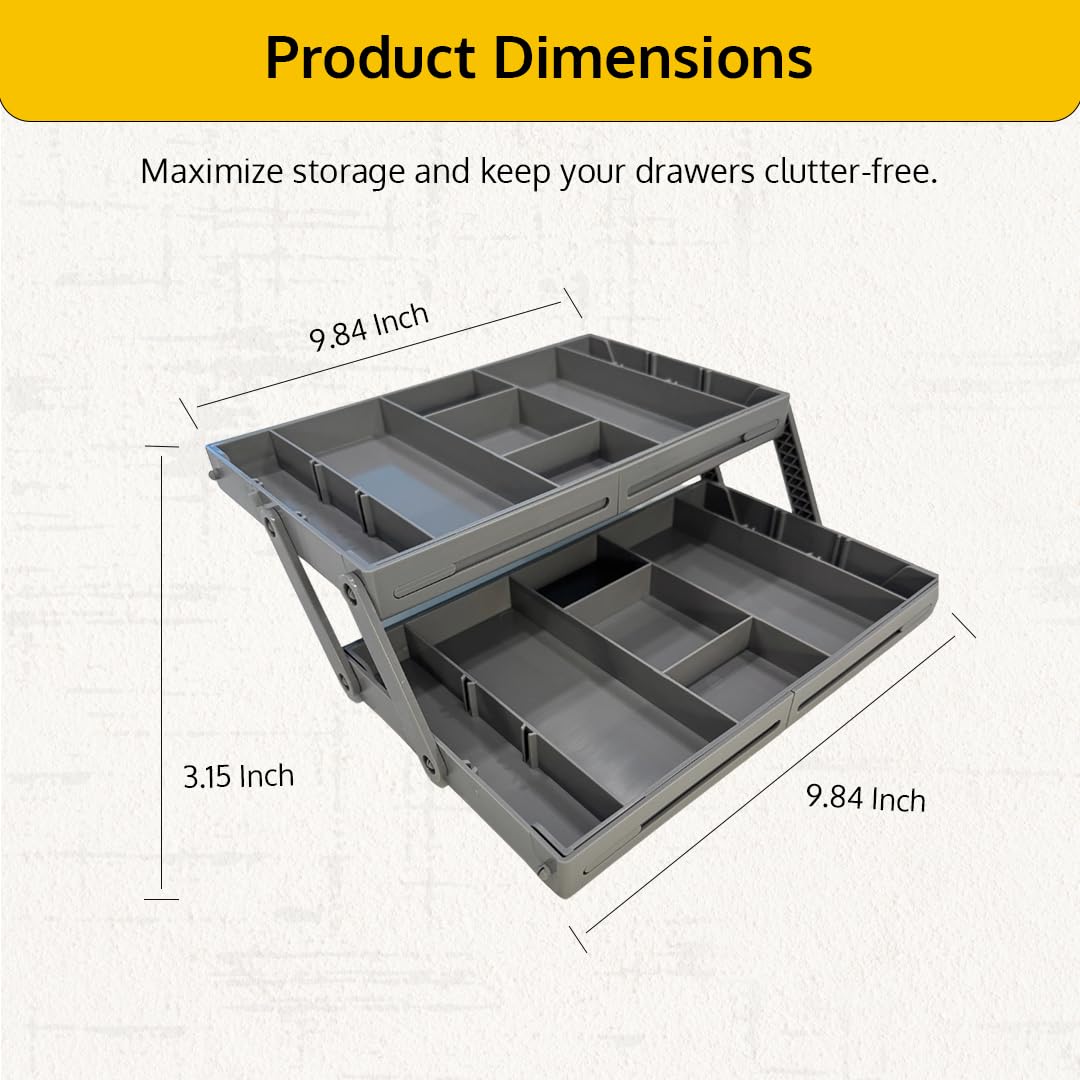 ThriveHive Multi Level Smart Drawer Organizer with 2 Tier Collapsible Foldable Trays, Multi-level Design for Efficient Storage, Multi Level Drawer Organizer Solution - Gray