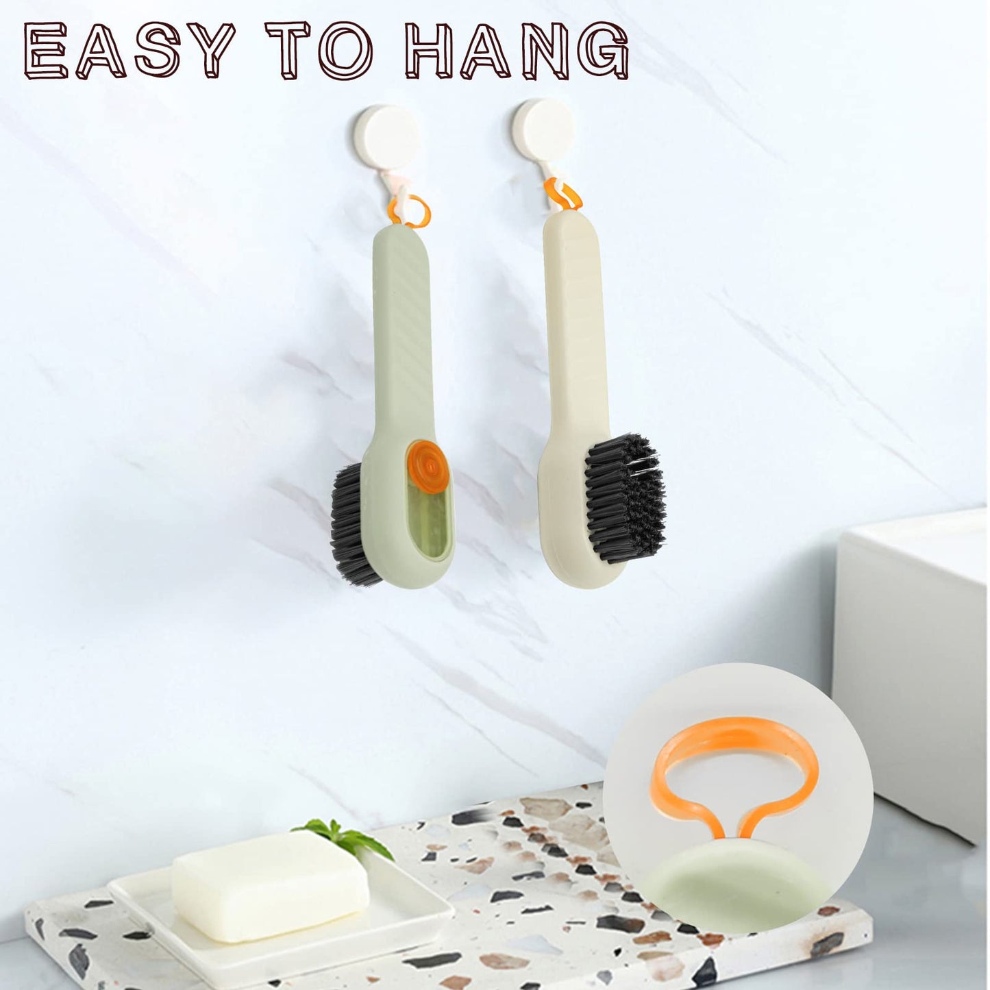 2Pcs Multifunctional Liquid Shoe Cleaning Brush with Soap Dispenser, Shoe Laundry Brush Scrub Brushes for Cleaning, Soft Bristle Cleaning Brushes for Household Use Bathroom Kitchen (Green, White)