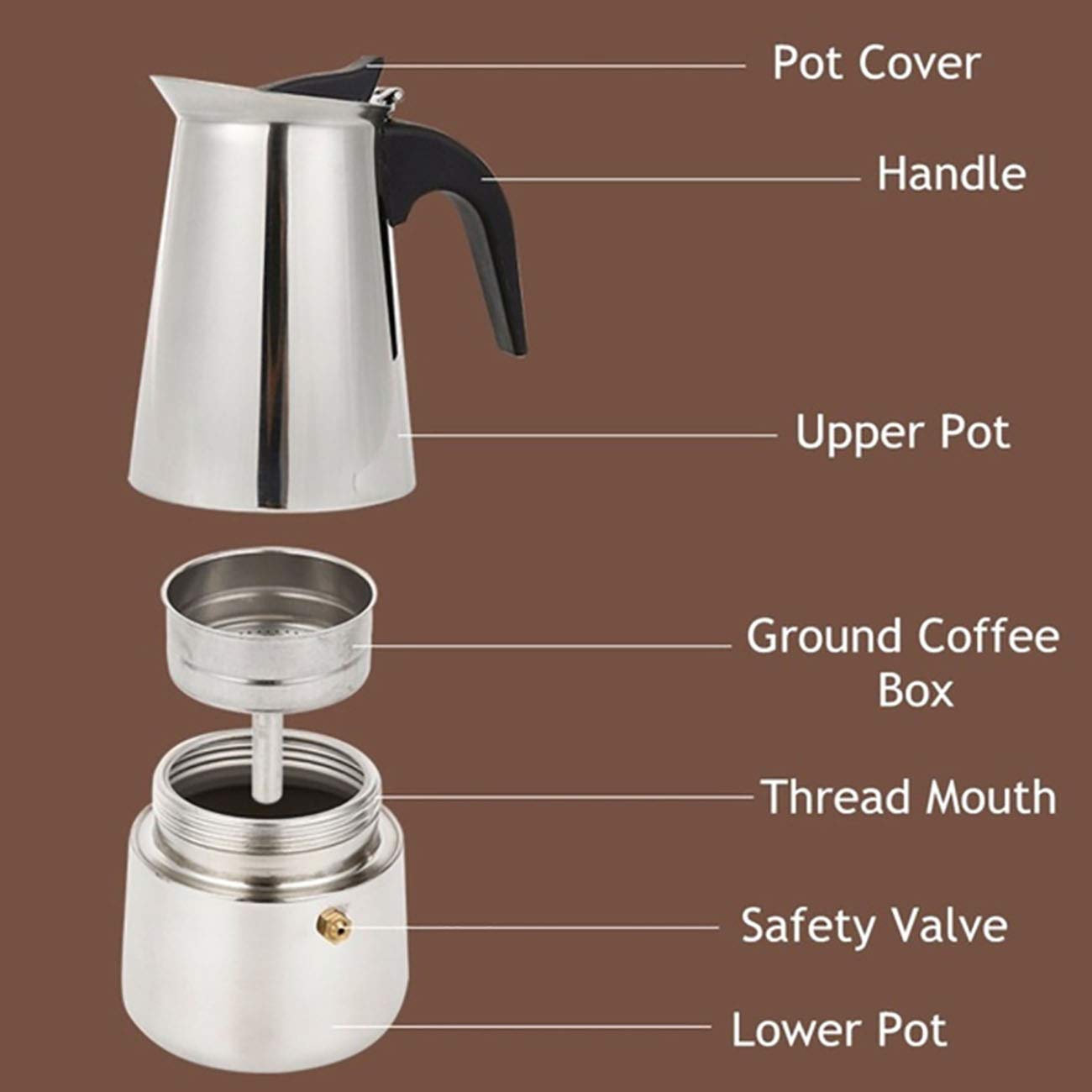 Stainless Steel Espresso Maker Stovetop Coffee Percolator Italian Coffee Maker Moka Pot (4 Cup - 200 ml, Silver)