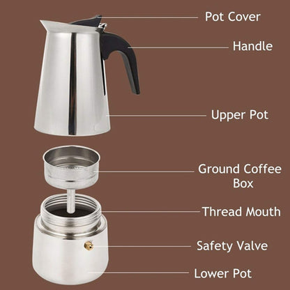 Stainless Steel Espresso Maker Stovetop Coffee Percolator Italian Coffee Maker Moka Pot (4 Cup - 200 ml, Silver)