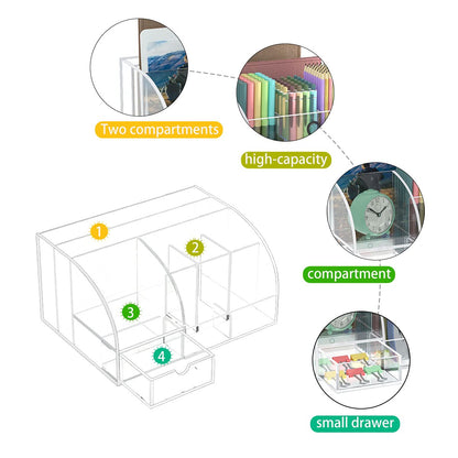 Clear Acrylic Desk Organizer, 8 Compartments Plus 1 Drawer Office Supplies Storage Organizer for Desktop, Home, and School