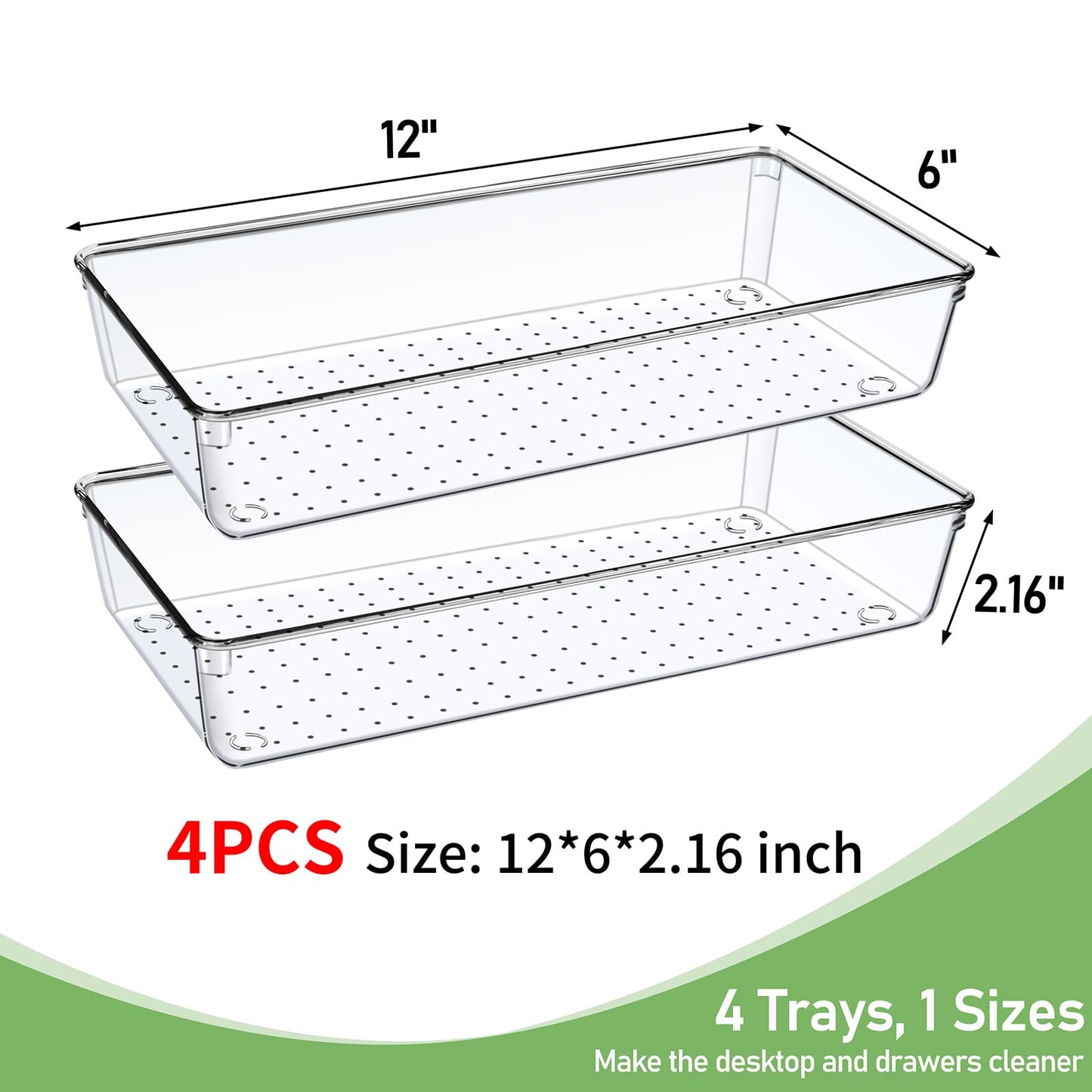 DUHARS 4PCS Clear Plastic Drawer Organizer Tray, 12'' Large Acrylic Vanity Bathroom Drawer Organizers Trays, Desk Drawer Organizer Bins for Cosmetics, Makeup, Kitchen, Office, Junk Drawer Organization