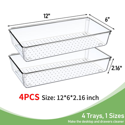 DUHARS 4PCS Clear Plastic Drawer Organizer Tray, 12'' Large Acrylic Vanity Bathroom Drawer Organizers Trays, Desk Drawer Organizer Bins for Cosmetics, Makeup, Kitchen, Office, Junk Drawer Organization