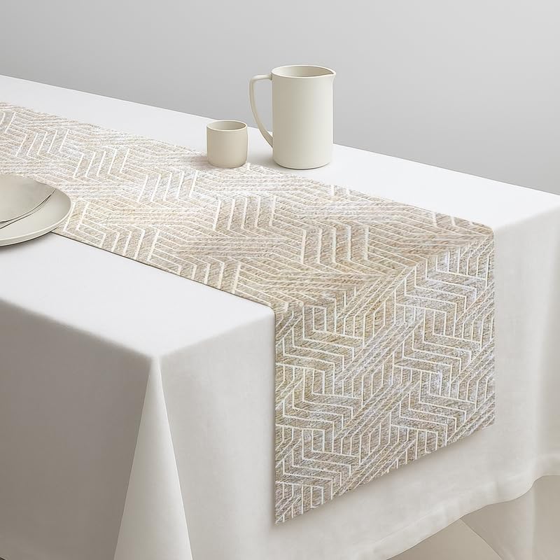INtex Home Table Runner, Nadia’s Geometric Design in Heavy Duty Velvet Linen Fabric, Elegant Rectangular Accent for Reception Living Room or Special Occasions - 1 Pc- 40 x 130 cm - Café