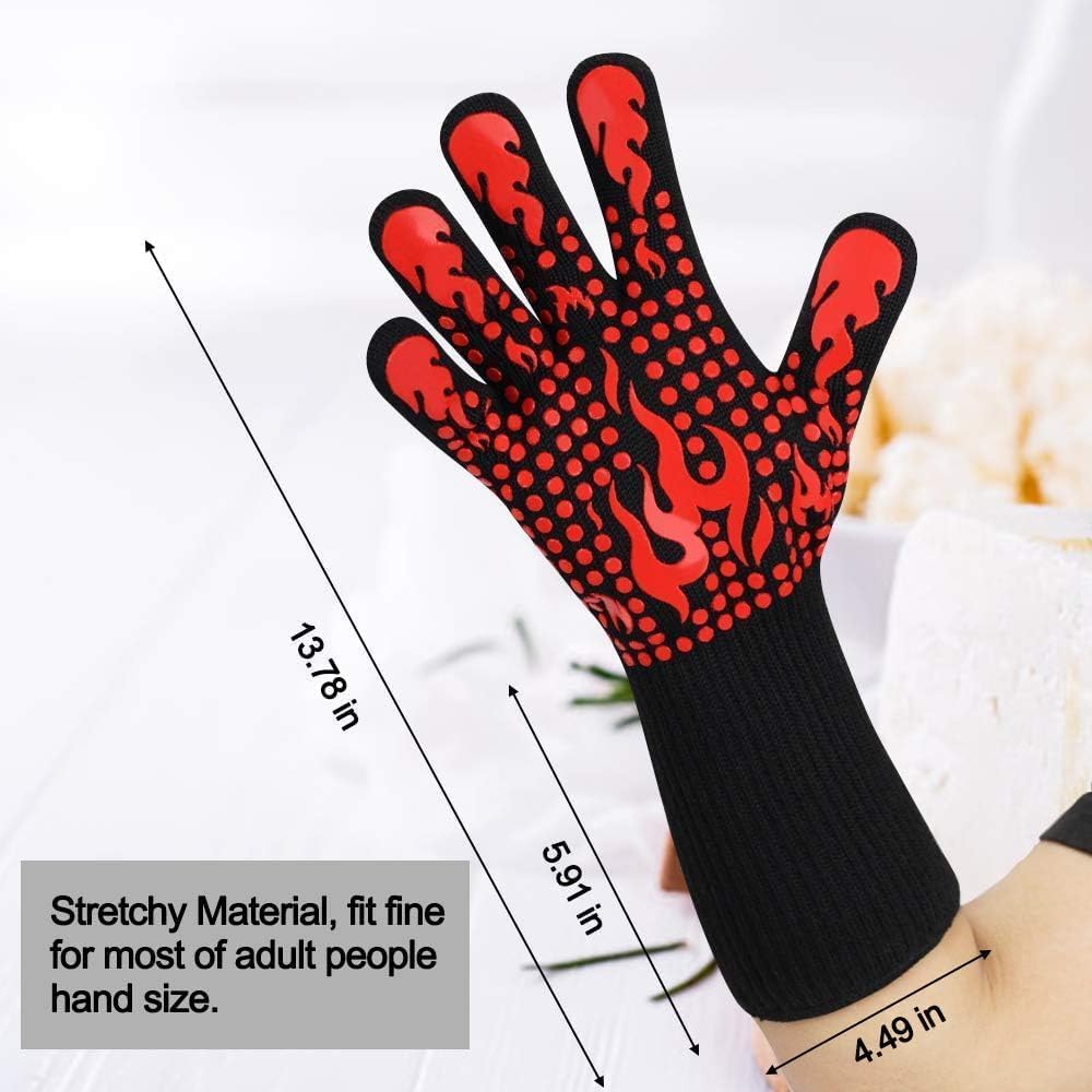 Boolygo BBQ Gloves, 1472 Degree F Heat Resistant Grilling Gloves Silicone Non-Slip Oven Gloves Long Kitchen Gloves for Barbecue, Cooking, Baking, Cutting (LL-N010-Red)