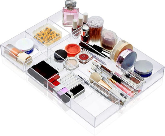Clear Acrylic Drawer Organizer Set of 2, Includes a 6-Section and a 3-Section Divided Tray, Perfect as Desk Drawer Inserts, Makeup Storage, and Vanity Organization Solution