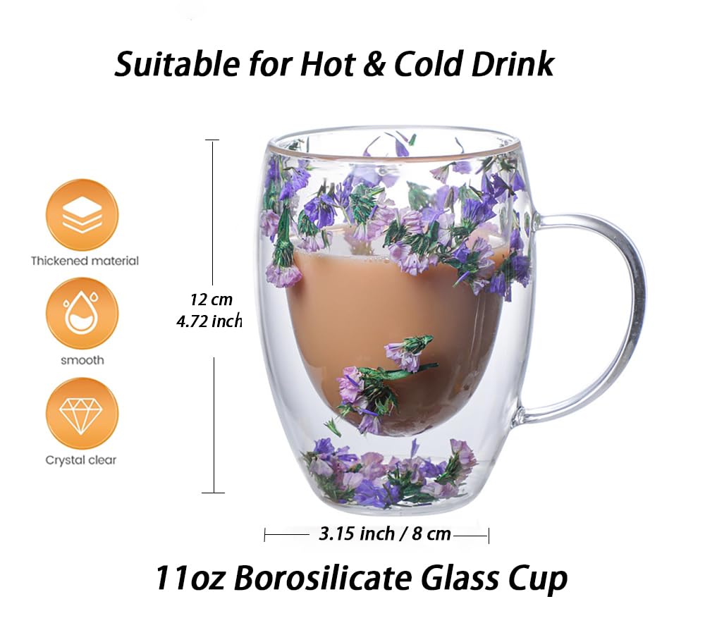 Dried Flower Double Wall Glass Cup, Aesthetic Flowers Coffee Mugs, Cute Insulated Tea Cups with Handle Heat Resistant for Women, Ideal Gifts for Birthday Mother's Day - Perfect for Wife Mom Friend (C)