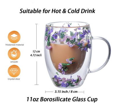 Dried Flower Double Wall Glass Cup, Aesthetic Flowers Coffee Mugs, Cute Insulated Tea Cups with Handle Heat Resistant for Women, Ideal Gifts for Birthday Mother's Day - Perfect for Wife Mom Friend (C)