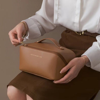 xinrongda Large-Capacity Travel Cosmetic Bag for Women, Multifunction Makeup Bags, Portable Cosmetic Bag with Handle and Gold Zipper, Brown, Fashion