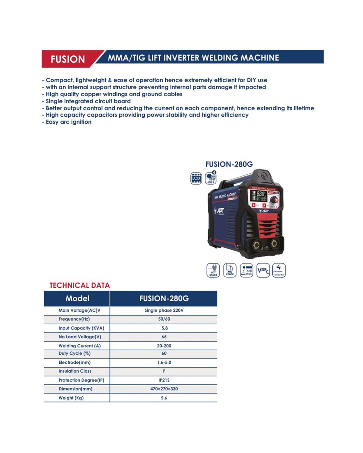 APT FUSION 280 MMA/TIG Welding Machine 200A Digital Inverter Welder with LCD Display Generator Supported 220V/50-60Hz Portable ARC TIG Stick Welding Unit with Carry Case Industrial Grade