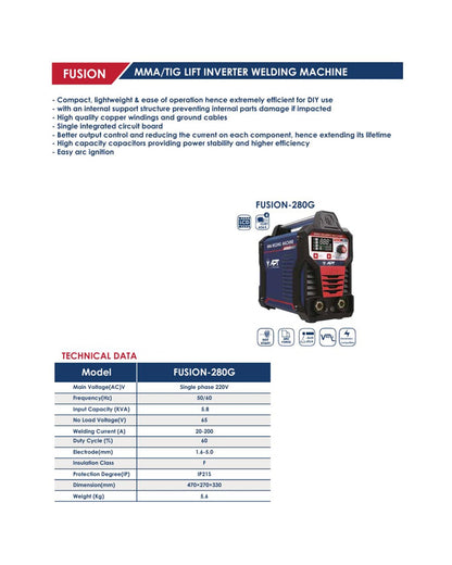 APT FUSION 280 MMA/TIG Welding Machine 200A Digital Inverter Welder with LCD Display Generator Supported 220V/50-60Hz Portable ARC TIG Stick Welding Unit with Carry Case Industrial Grade